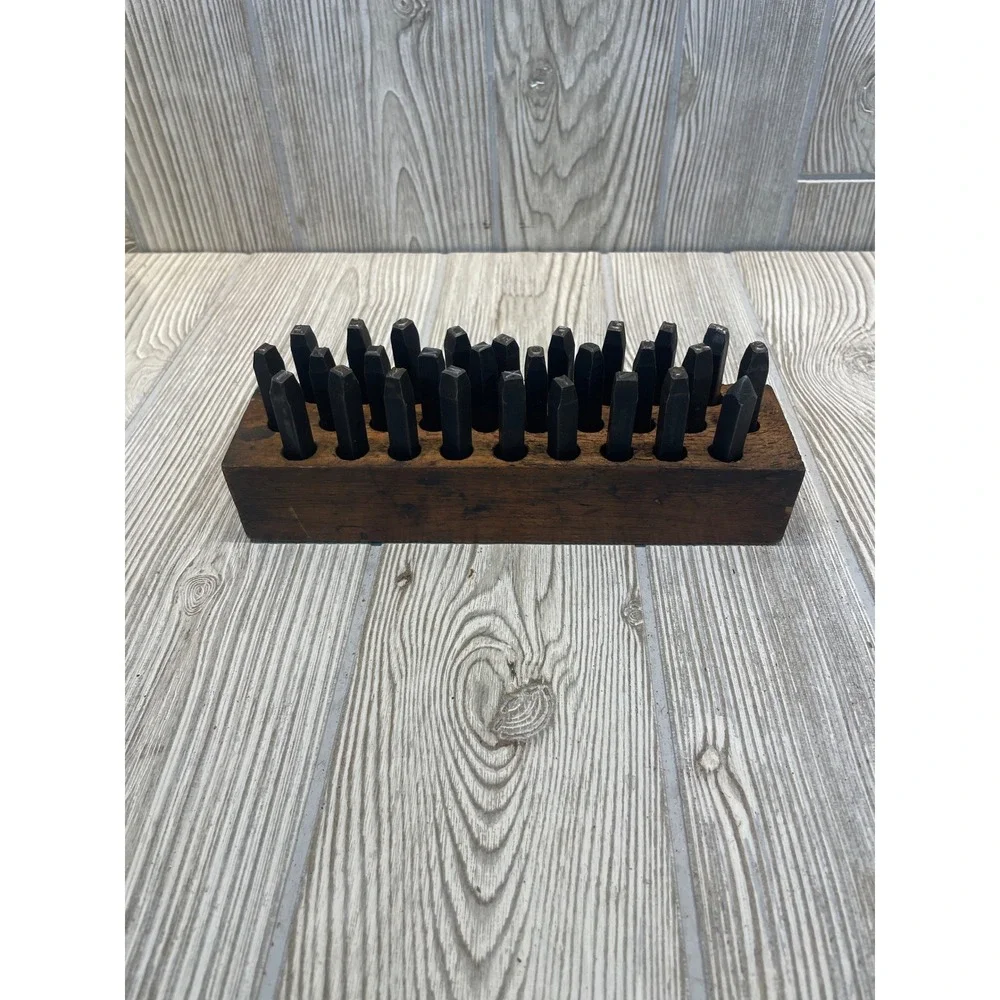 Vintage Industrial Metal Letter Stamp Set Alphabet A-Z with Wooden Storage Box